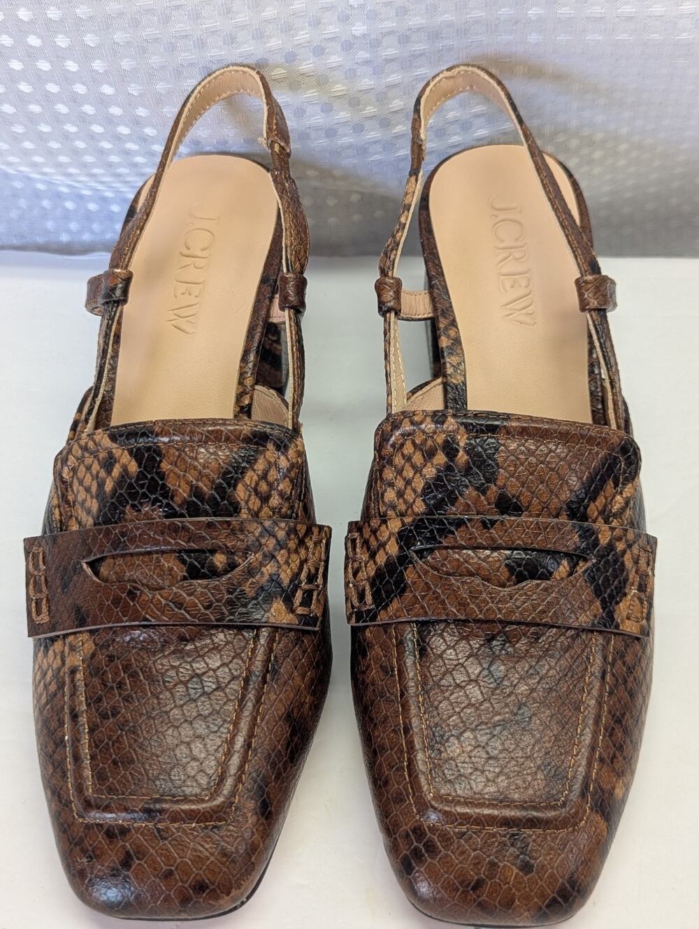 J. Crew Layne slingback loafer heels Brown Snakeskin leather Size 6. 5